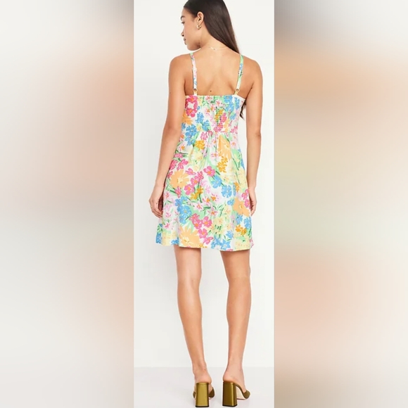 Floral Linen Blend Women's Mini‎ Dress Old Navy Fit & Flare XL Smocked Spaghetti - Picture 2 of 8